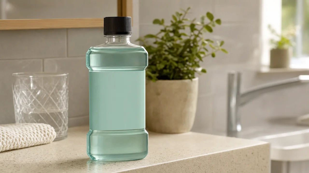 Holy Mouthwash bottle in bathroom
