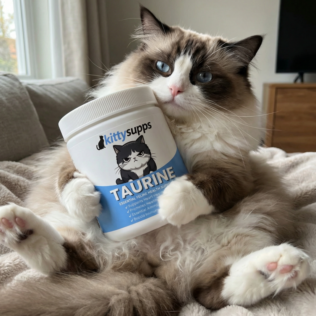 Cat holding Taurine Powder Cats tub